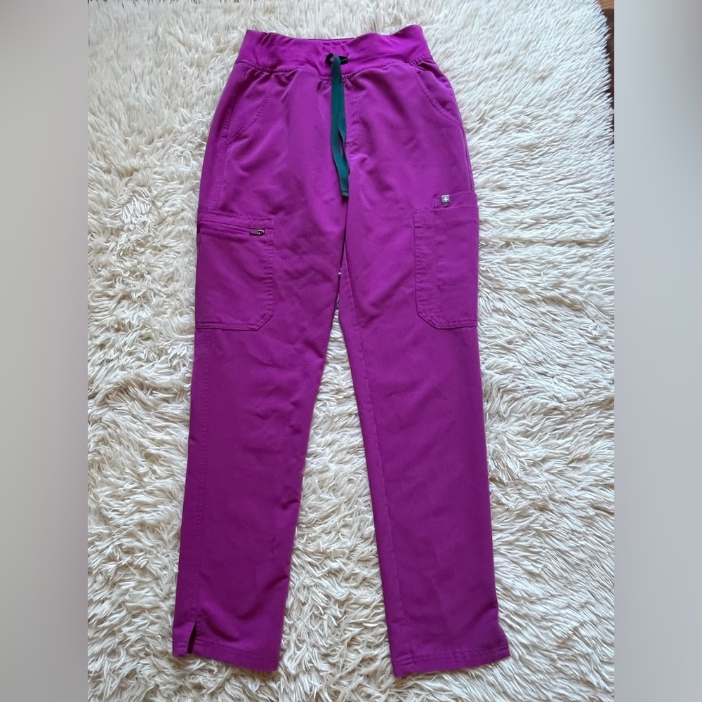 FIGS Purple/Pink Scrub Pants with Green Drawstring